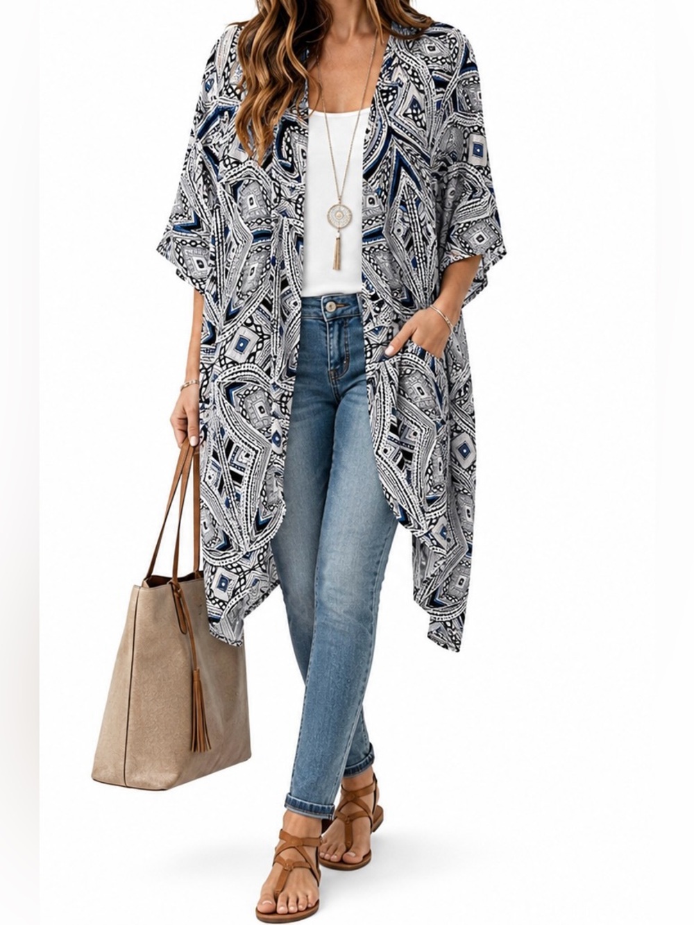 Mossimo Geometric Print Open Front Kimono Cardigan High-Low S/M Boho - Picture 1 of 11